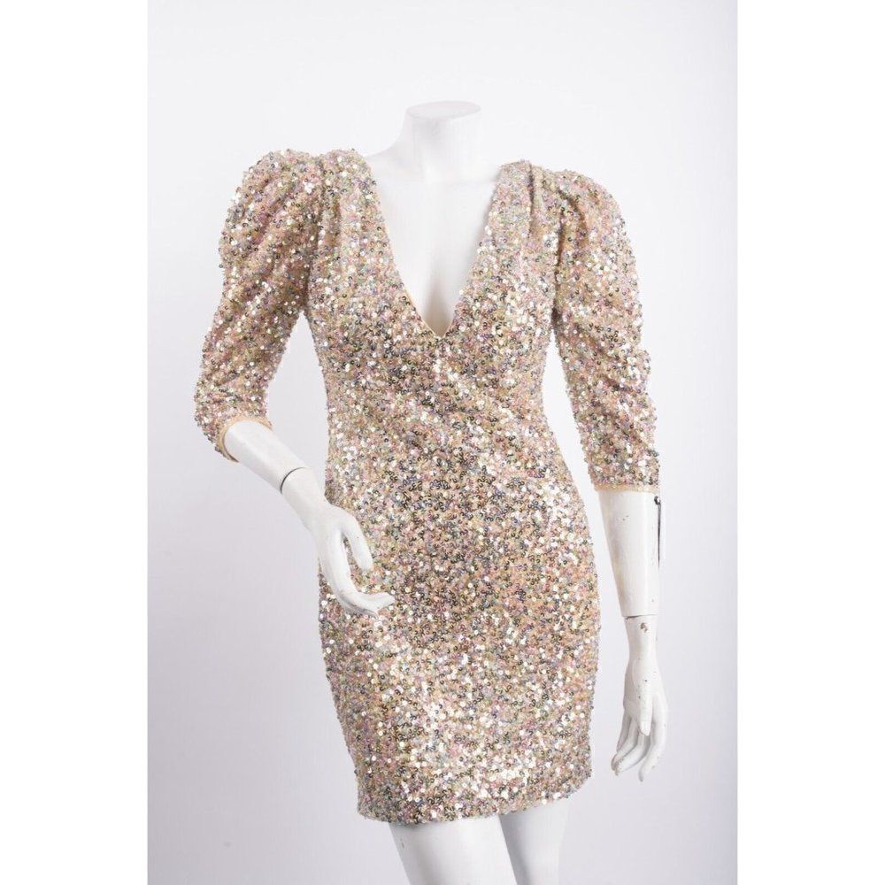 IEENA for MacDuggal Womans Sequined Dress Mini Puff Sleeve Sz 6 Beige Multi NWT